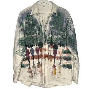 Marguerita Oversized Hand Painted Off White Denim Shacket Top Size M‎